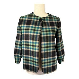 Joe’s Green Blue Plaid Wool Blend Cropped Jacket Lined Coat Retro Cape M